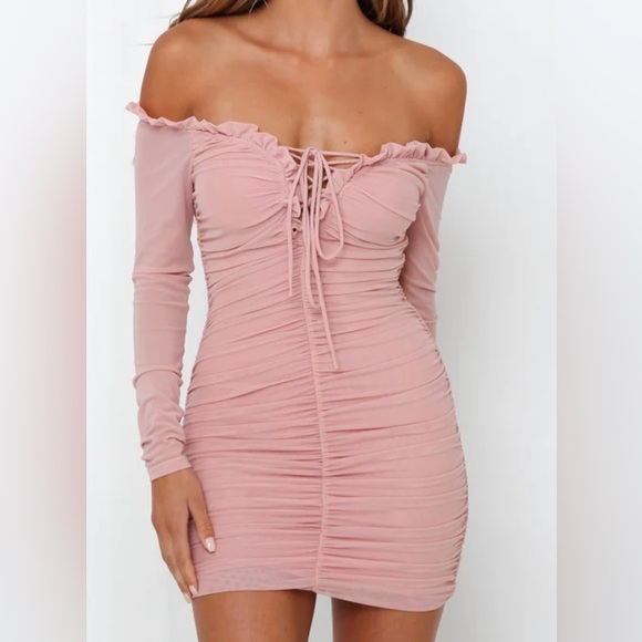Hello Molly Dress Womens Medium Pink Feminine Ruched Bodycon Mesh Coquette Mini - Picture 1 of 11